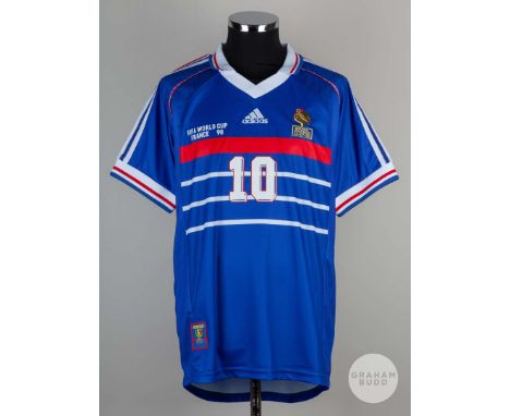 Zinedine Zidane autographed France v. Brazil replica 1998 World Cup final shirt, short-sleeved, the back of the shirt signed 