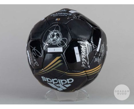 Black leather Real Madrid autographed football, 2002, including Zidane, Claude Makelele, Roberto Carlos, Luis Figo etc with a