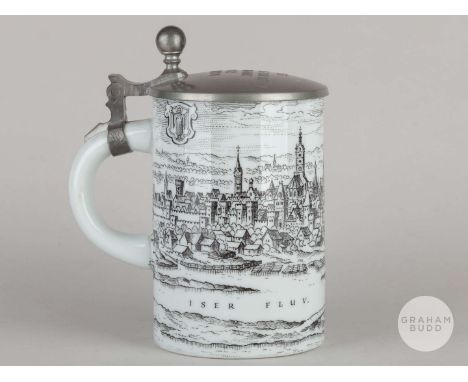 Joe Kirkup German porcelain beer stein presented to Joe Kirkup, the body depicting the city of Munich landscape image in blac