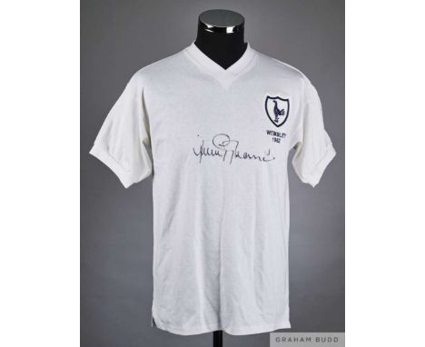 White replica Tottenham Hotspur FA Cup Final shirt signed by Jimmy Greaves, short sleeved, crew neck collar with embroidered 