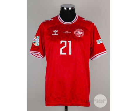 Morten Hjulmand red and white No.21 Denmark v. England match issued short-sleeved shirt, 2024, Hummel, l, with crew-neck coll