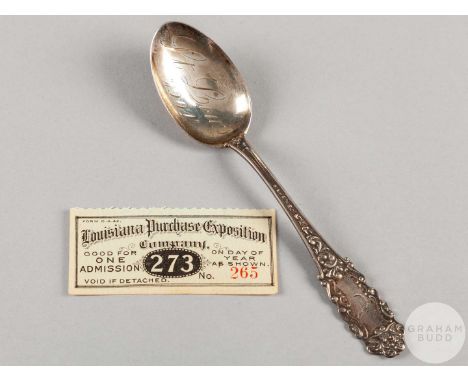 St Louis 1904 sterling silver spoon, the bowl inscribed St Louis 1904 and with initial on finial, with ticket for 1904 Louisi