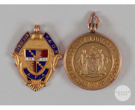 Two 9ct gold Birmingham football medals awarded to W. Pickering, the first for Birmingham County Football Association Junior 