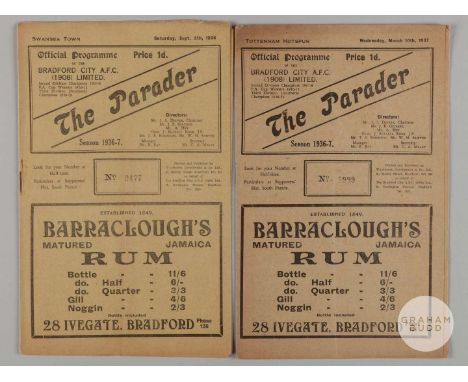Two Bradford City 1930's home programmes, from games against Tottenham Hotspur and Swansea Town, with both having some slight