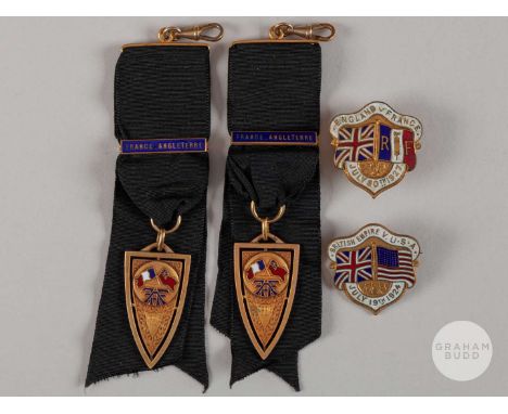Two yellow-metal and enamel France v. England medals, 1926, the obverse inscribed 1926 and bar inscribed FRANCE-ANGLETERRE, t