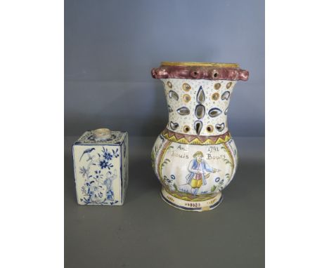 A Delft blue and white square form tea caddy minus lid, decorated with Chinese figures, birds and foliage - signed to base - 