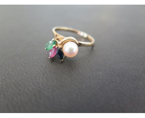 A 9ct gold cultured pearl sapphire, ruby and emerald dress ring - Hallmarked Birmingham - Ring size Q - Weight approx 2.1gms
