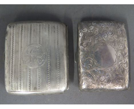 Two silvered hallmarked cigarette cases one with engine turned decoration Birmingham 1910-11 and one with foliate engraving B