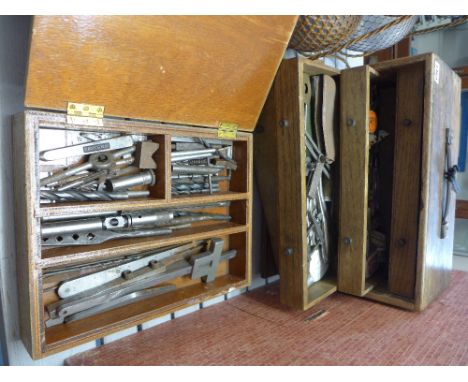 A model engineers bench top cabinet - lockable with keys - with many various small tools plus other small wooden box and tool