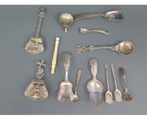 A collection of seven silver and white metal Continental caddy spoons, two with Dutch hallmarks for 800 grade silver - only o