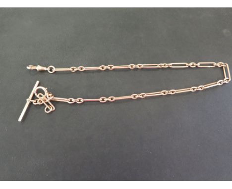 A 9ct gold Albert chain - Suspending T-bar and toggle - Partial hallmark - Length 42cms - Weight approx 30.8gms
Condition Rep