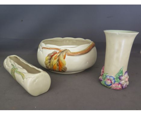Two Clarice Cliff vases - one with chip to rim - one leaf decoration, one with applied painted floral decoration and a salad 
