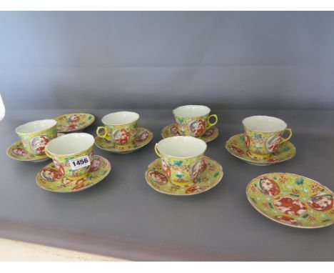 A set of six Canton porcelain yellow ground cups and saucers with gilt rims and dragon decoration - all bear the Guangxu mark
