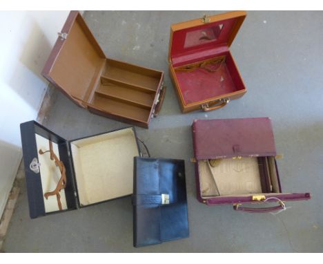 Two vintage leather cases, an attache case, a picnic case and an Asprey leather flask case