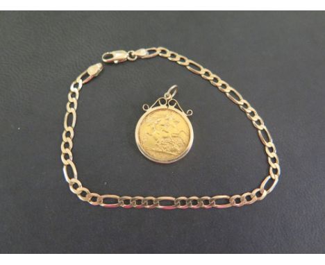 A 1906 Edward VII half Sovereign coin - Within a plain mount - Stamped 9ct - Together with a fetter and three link bracelet -