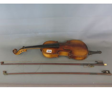 A child's violin and two bows - for restoration - label inside reads - Antonius Stradivarius Cremonesis Faciebat Anno 1713 
C