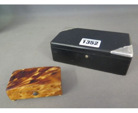 A small 19th century tortoise shell box with ivory feet  - Height 2.8 cm x Length 7 cm x Depth 3.5 cm and ebony and silver tr