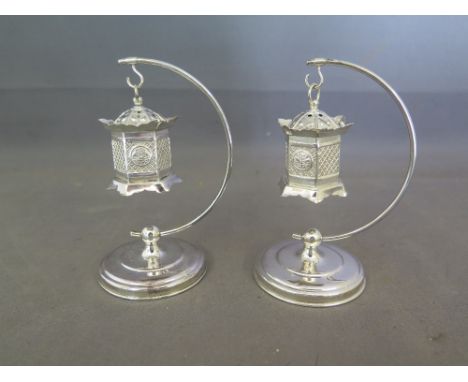 A pair of novelty silver condiments in the shape of a Chinese hanging lanterns - stamped silver 970 to base of lantern - stan