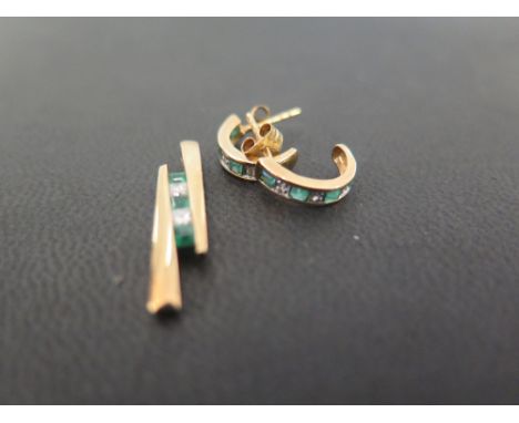 A 9ct gold pendant set with square-shape diamonds and emeralds - Hallmarked Birmingham - Length 2.5cms - Together with a pair