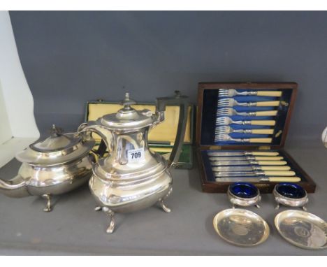 A collection of silver plate including tea and coffee set, fish serving set and fish eaters etc.