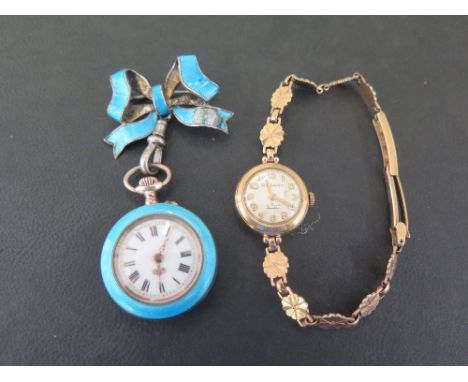 ROTARY - A 9ct gold ladies wristwatch with bracelet strap - Weight approx 12.9gms - Together with an enamel fob watch suspend