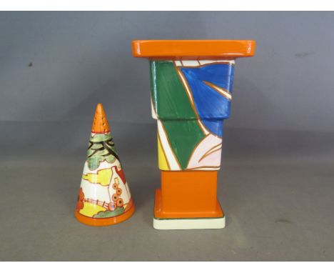 A Clarice Cliff collectors club by Wedgewood square form stepped vase 11cm x 20cm and a Clarice Cliff Centenary collection co