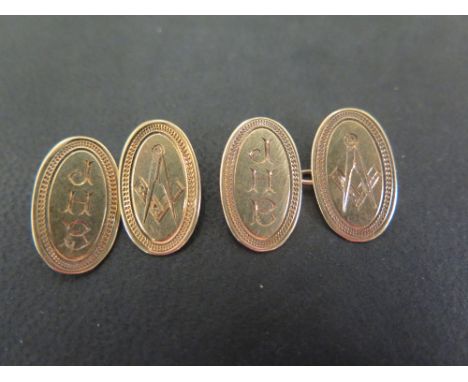 A pair of 9ct gold chain-link cufflinks - With Masonic symbol and initials JHB - Hallmarked Birmingham - Weight approx 3.8gms