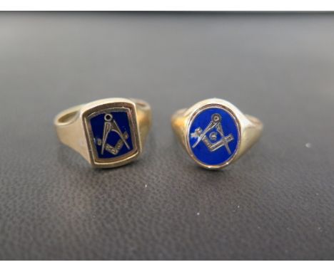 Two 9ct gold Masonic swivel panel rings - Each with a central panel with Masonic symbol that turns to display a plain reverse