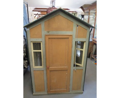 A Vintage child's sectional wood Wendy House with opening door, shutters, windows, bell and a chimney - Height 1.6 m x Width 