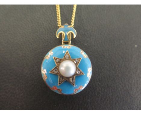 A Victorian 15ct gold mourning pendant set with central rose-cut diamond and half-pearl star - With reverse hair panel, suspe