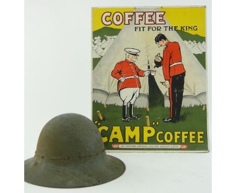 A Vintage double-sided Camp Coffee poster,
and a tin helmet.