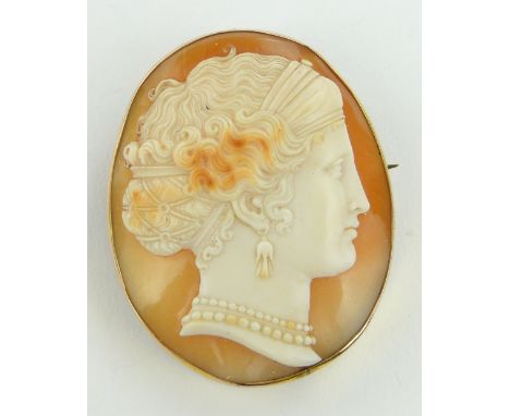 A Victorian carved Cameo brooch,
depicting head portrait of a woman, unmarked gilt metal frame, height 47mm.