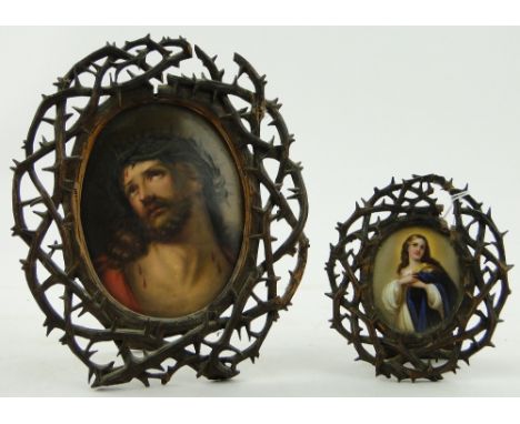 Oval miniature portrait of Mary in thorn design strut frame,
height 4" overall and a portrait on porcelain of Jesus, (2).