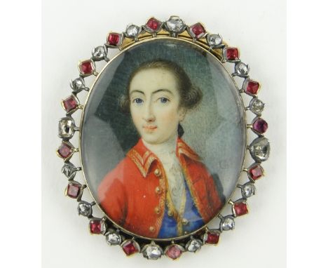 An 18/19th century unmarked gold clasp for a multi strand necklace,
with inset painted portrait of a gentleman on ivory, sign