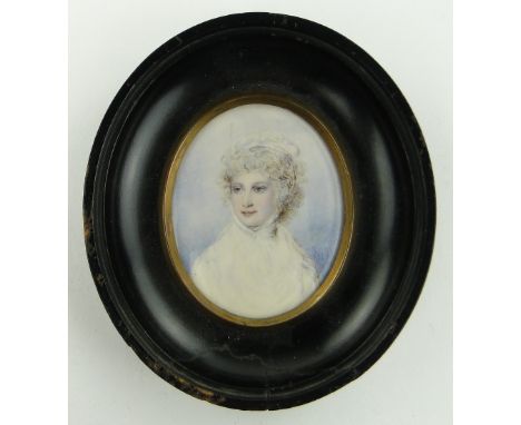 19th century miniature portrait of a young lady,
in ebony frame, height 4.75" overall.