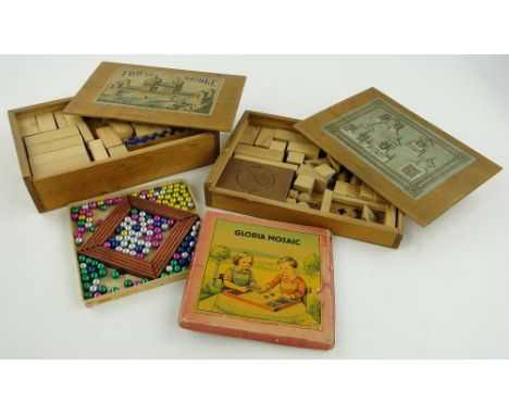 Vintage Gloria mosaic and 2 wooden building sets.