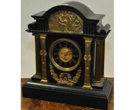 A 19th century black slate architectural design mantel clock,
having a 2-train movement with decorative allover ormolu mounts
