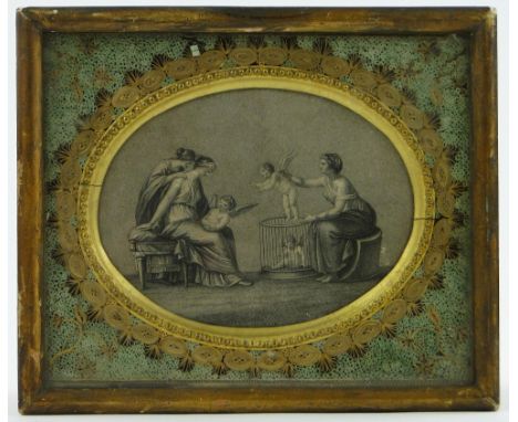 An oval Regency print,
in gilded frame with scrolled paper decoration, height 8.75".