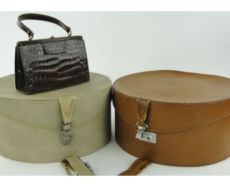 Crocodile skin lady's handbag,
9.5" across, 2 Vintage hat boxes.