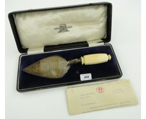 A continental silver presentation trowel,
Commemorating laying the foundation stone of the Maruthachella Hospital, Kundah Bri