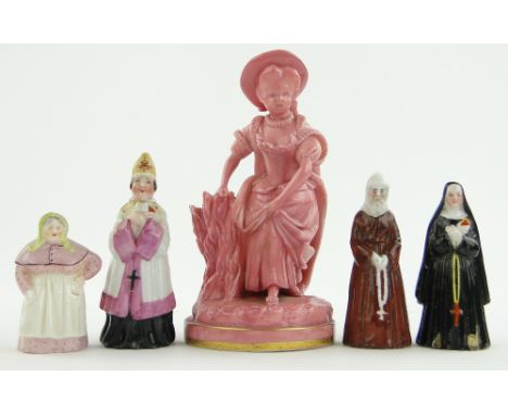 Royal Worcester girl with a basket,
5.75", Edwardian Worcester candle snuffer and 3 others, (5).