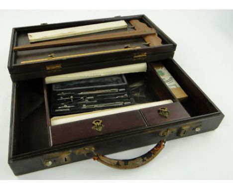 A set of draughtsman's instruments
including a beam compass, in sectioned wooden carrying case.