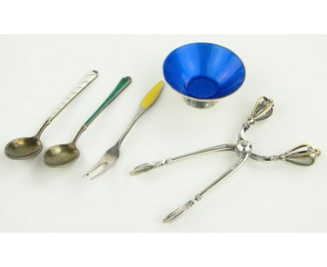 Pair of Danish sterling silver tongs,
a silver and blue enamel dish and 3 silver and enamel spoons/fork, (5).