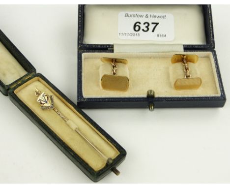 Pair of 9ct gold engine turned cufflinks,
3.5g, and a gold and enamel London Rifle Brigade stickpin.