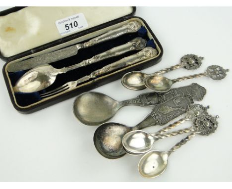 Victorian leather cased 3-piece silver knife, fork and spoon set,
together with 8 various Norwegian silver spoons.