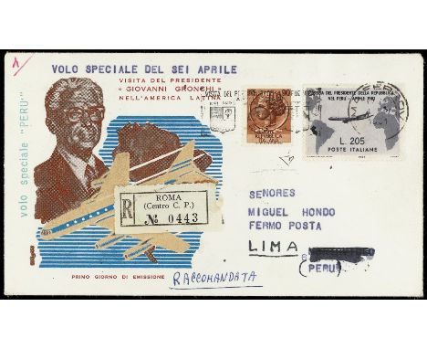1961 - Gronchi Rosa 205 L. - L'aerogramma con l'esemplare ricoperto e timbro di arrivo a Lima  - Cert. Diena (Bol. n. 1015Aa)