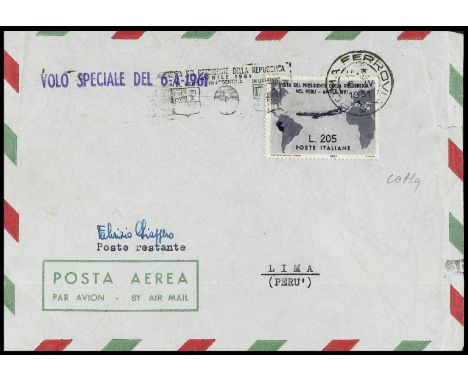 1961 - Gronchi Rosa 205 L. - L'aerogramma con l'esemplare ricoperto e timbro di arrivo a Lima  - Cert. Colla(Bol. n. 1015Aa) 