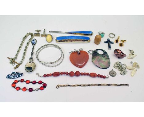 Small collection of costume jewellery and other items to include white metal bangles, cufflinks, blue enamel decorated dressi