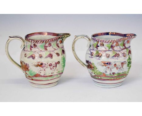 Pair of 19th century lustre jugs, probably Prattware, each relief moulded with opposing panels of hounds flanked by foliage b