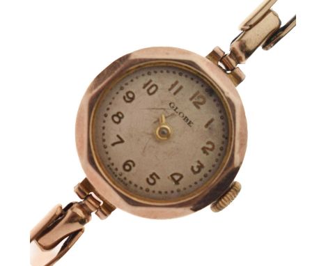 Globe - Lady's yellow metal cased bracelet watch, the silvered dial with applied gilt Arabic hour markers, dedication inscrib